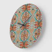 Aqua Turquoise Blue Orange Brown Tribal Muster Große Wanduhr (Winkel)