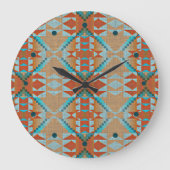 Aqua Turquoise Blue Orange Brown Tribal Muster Große Wanduhr (Vorderseite)