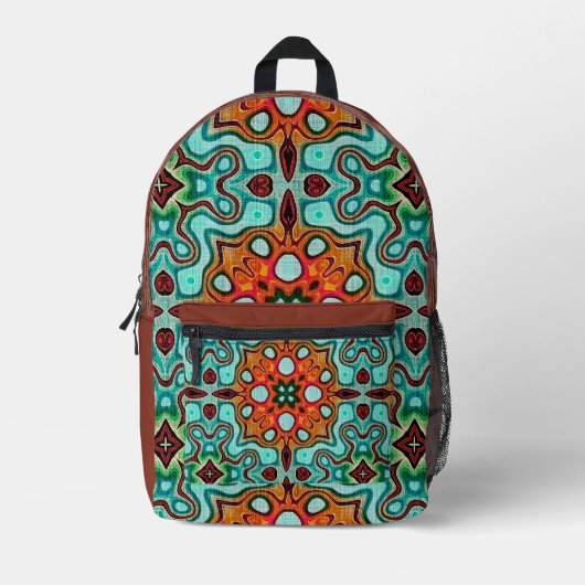 Aqua Turquoise Blue Orange Red Brown Tribal Art Bedruckter Rucksack (Vorderseite)