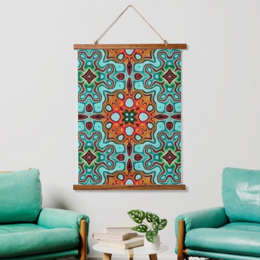 Aqua Turquoise Blue Orange Red Brown Tribal Art Wandteppich Mit Holzrahmen (Wohnzimmer)