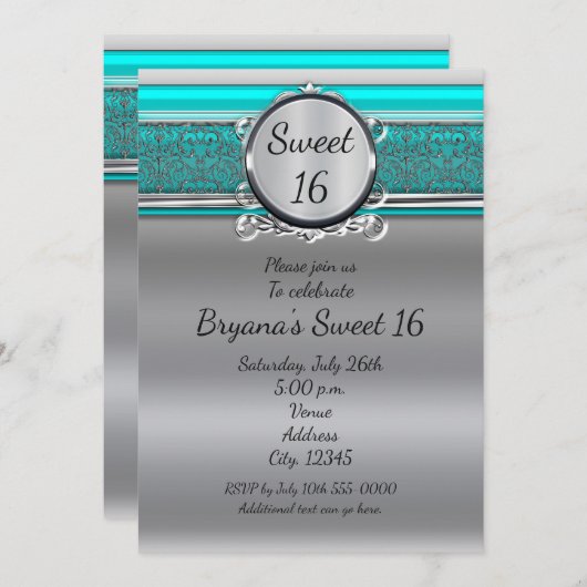 Aqua Turquoise Blue & Silver Sweet 16 Einladungen (Vorne/Hinten)