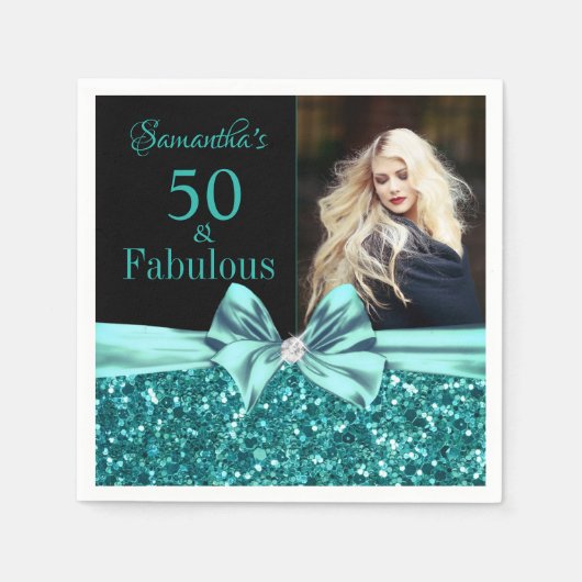 Aqua Turquoise Glitzer Bow 50. Geburtstag Foto Serviette (Vorderseite)