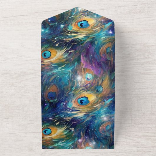 Aqua Turquoise Gold Peacock Feathers All In One Einladung (Außenbereich)