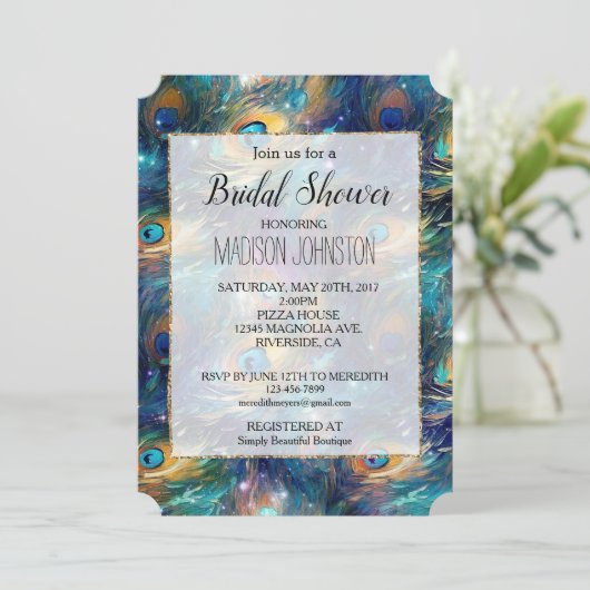 Aqua Turquoise Gold Peacock Feathers Einladung (Stehend Vorderseite)