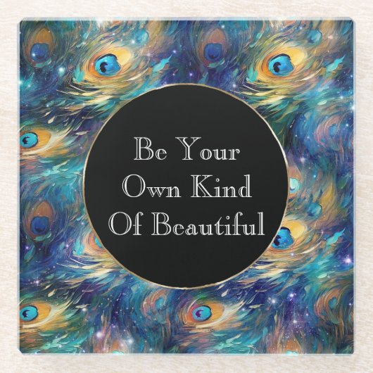 Aqua Turquoise Gold Peacock Feathers Glasuntersetzer (Vorderseite)