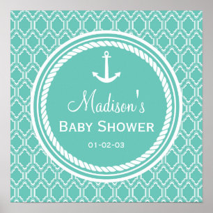 Aqua Turquoise Retro Nautical Anchor Kinderdusche Poster