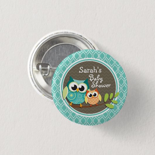 Aqua Turquoise Retro Owls Baby Dusche Button (Vorne & Hinten)