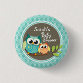 Aqua Turquoise Retro Owls Baby Dusche Button (Vorderseite)