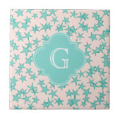 Aqua Turquoise Stars Weißes Hintergrundmonogramm Fliese (Vorderseite)