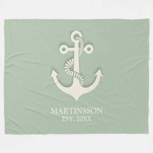 Aqua Turquoise White Anchor Name Datum Nautic Fleecedecke (Vorderseite (Horizontal))