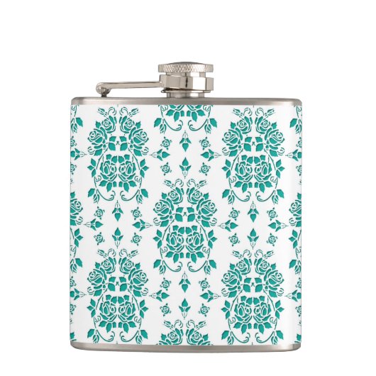 Aqua TurquoiseRose Floral Damask Style Muster Flachmann (Vorderseite)