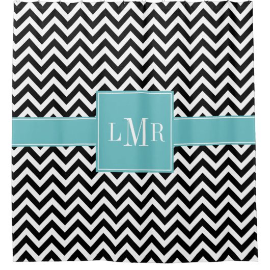 Aqua und Black Chevrons Mit Monogramm Duschvorhang (Vorderseite)