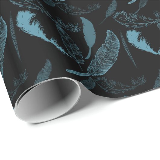 Aqua und Black Feathers Geschenkpapier (Rolleneckpunkt)