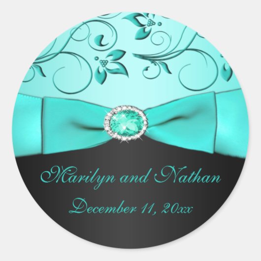 Aqua und Black Floral Sticker (Vorderseite)