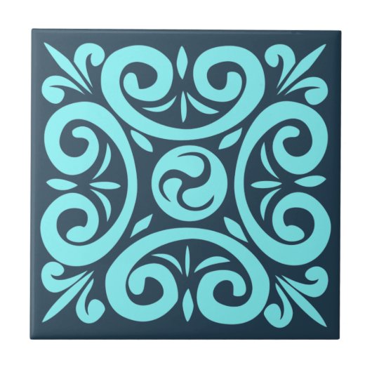 Aqua und Black on Blue Intricated Floral Muster Fliese (Vorderseite)