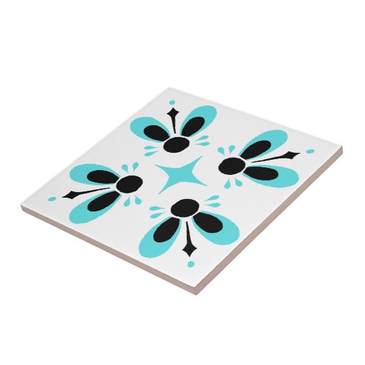 Aqua und Black on White Intricentive Floral Muster Fliese (Seite)