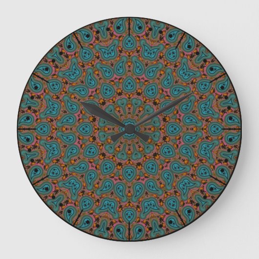 Aqua und Brown Boho Paisley Kaleidoscope Große Wanduhr (Vorderseite)