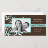 Aqua und Brown Floral Save the Date Foto Cards (Vorne/Hinten)