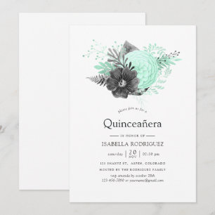 Aqua- und Charcoal-Blumen-Rustical-Quinceañera Einladung