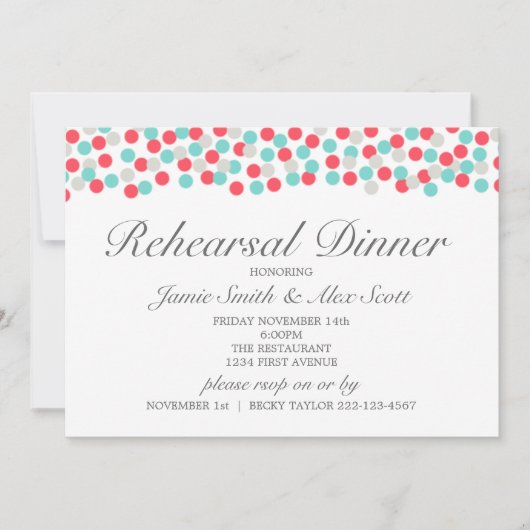 Aqua und Coral Polka Dot Probe Abendessen Einladun Einladung (Vorderseite)