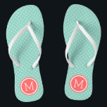 Aqua und Coral Tiny Dots Monogram Badesandalen<br><div class="desc">Maßgeschneiderte gedreht Flop Sandalen mit einem niedlichen gürtelförmigen Polka-Punktmuster und einem eigenen Monogramm oder einem anderen Text in einem Kreisrahmen. Klicken Sie auf Anpassen,  um Schriftart und Farben zu ändern oder eigene Bilder hinzuzufügen,  um ein einzigartiges Design zu erstellen!</div>
