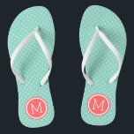 Aqua und Coral Tiny Dots Monogram Badesandalen<br><div class="desc">Maßgeschneiderte gedreht Flop Sandalen mit einem niedlichen gürtelförmigen Polka-Punktmuster und einem eigenen Monogramm oder einem anderen Text in einem Kreisrahmen. Klicken Sie auf Anpassen,  um Schriftart und Farben zu ändern oder eigene Bilder hinzuzufügen,  um ein einzigartiges Design zu erstellen!</div>