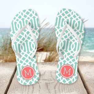 Aqua und Coral Trellis Monogram Badesandalen