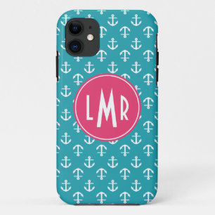 Aqua-und Fuchsien-Monogramm-Anker-Muster iPhone 11 Hülle