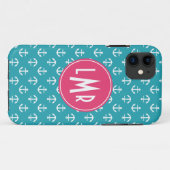 Aqua-und Fuchsien-Monogramm-Anker-Muster Case-Mate iPhone Hülle (Rückseite (Horizontal))