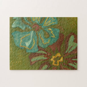 Aqua und gebrannte orange Blumen auf grünem Puzzle