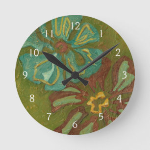 Aqua und gebrannte orange Blumen auf grünem Runde Wanduhr