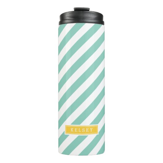 Aqua und Gelbe Preppy Streifen Monogram Thermosbecher (Vorderseite)