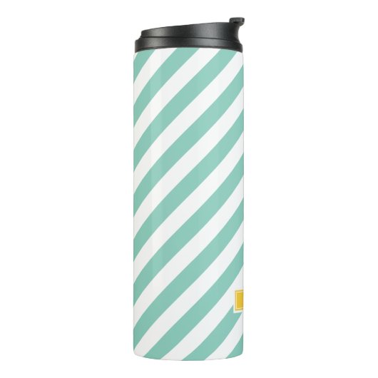 Aqua und Gelbe Preppy Streifen Monogram Thermosbecher (Nach links gedreht)
