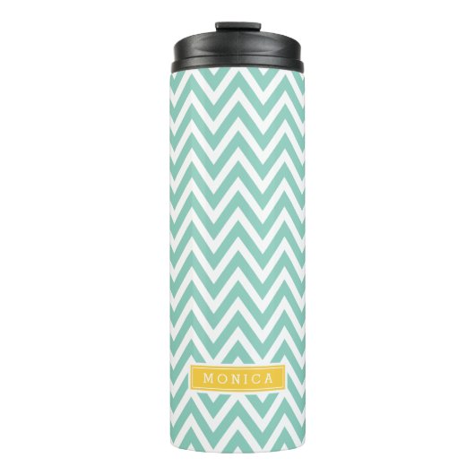 Aqua und Gelbe Zickzack Monogramm Thermosbecher (Vorderseite)