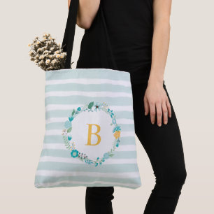 Aqua und Gelber Mit Monogramm Blumenreath Tasche