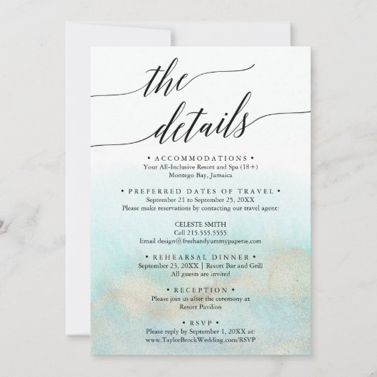 Aqua und Gold Aqua Beach in einer Hochzeit Einladung (Rückseite)