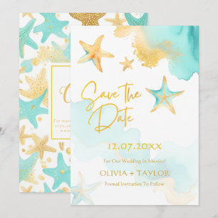 Aqua und Gold Aquarell Strand Seestern Hochzeit Save The Date