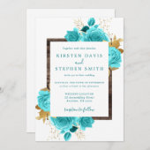 Aqua und Gold Floral Rustic Wood Wedding Einladung (Vorne/Hinten)