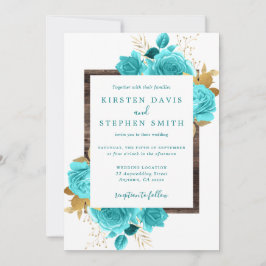 Aqua und Gold Floral Rustic Wood Wedding Einladung