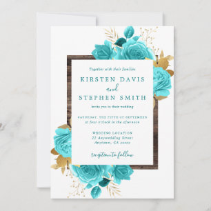 Aqua und Gold Floral Rustic Wood Wedding Einladung