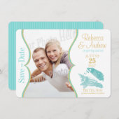 Aqua und Gold Seashell Save the Date (Vorne/Hinten)