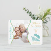 Aqua und Gold Seashell Save the Date (Stehend Vorderseite)