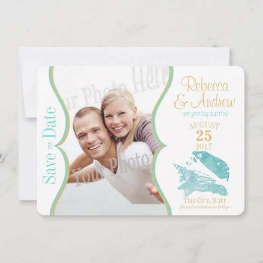 Aqua und Gold Seashell Save the Date (Vorderseite)