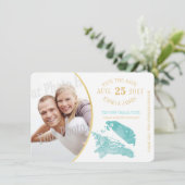 Aqua und Gold Seashell Save the Date (Stehend Vorderseite)