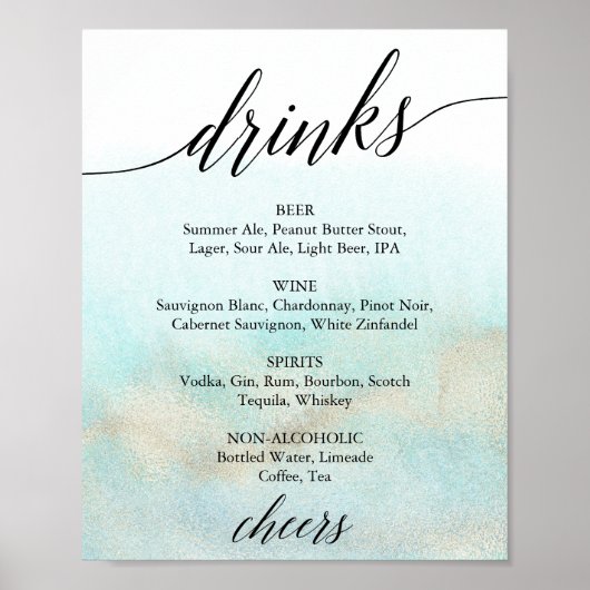 Aqua und Gold Watercolor Beach Drink Menü Schild (Vorne)