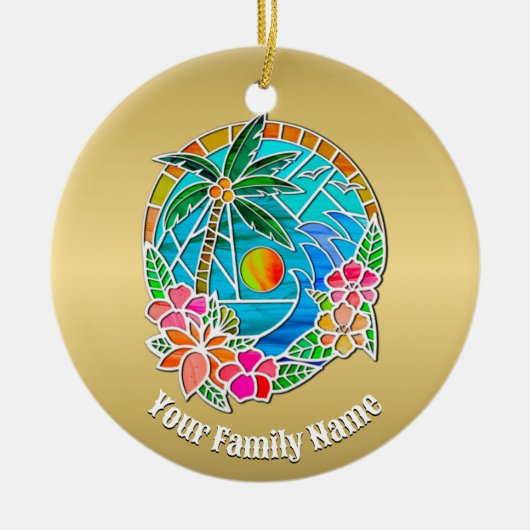 Aqua und Golden Ocean Palm Tree Sommerlandschaft Keramik Ornament (Vorne)