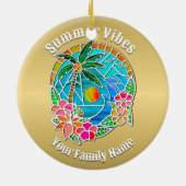 Aqua und Golden Ocean Palm Tree Sommerlandschaft Keramik Ornament (Hinten)