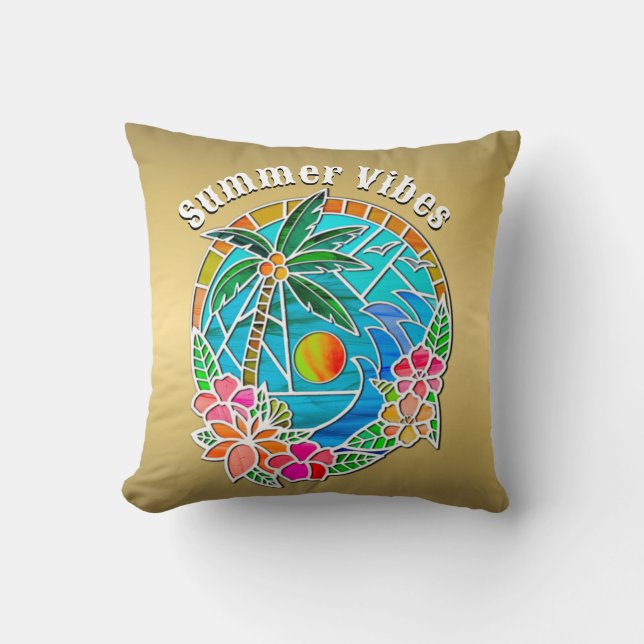 Aqua und Golden Ocean Palm Tree Sommerlandschaft Kissen (Vorderseite)