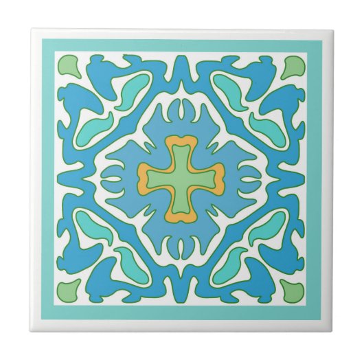 Aqua und Grün-spanische Fliese mit orange Akzent (Vorderseite)