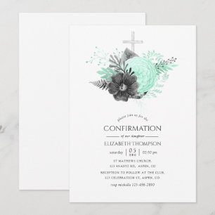 Aqua- und Holzkohle-Blumen-Rustikale Konfirmation Einladung